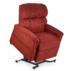 The Golden Technologies®️ Comforter PR 531 is a red reclining lift chair featuring cushioned back and armrests, partially raised on a metal base to aid sitting and standing.
