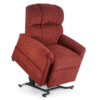 The Golden Technologies®️ Comforter PR 531 is a red power lift recliner chair featuring a plush backrest and armrests, elevated to display its lifting mechanism on a sleek black metal base.