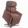 The Golden Technologies®️ Comforter PR 531 is a brown upholstered power lift recliner chair, shown in a partially lifted position against a white background. It has foam-filled cushioning and a remote control on the armrest for added comfort and accessibility.