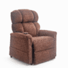 The Golden Technologies®️ Comforter PR 531 is a brown upholstered recliner chair featuring padded cushions and a remote control resting on one arm, set against a white background.