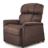 The Golden Technologies® Comforter PR 531 is a plush, brown recliner with padded armrests and a high backrest. Its soft fabric offers comfort ideal for relaxation. The chair is showcased against a white background.