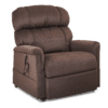 The Golden Technologies®️ Comforter PR 531 is a plush brown recliner chair with soft cushioning on the back, seat, and armrests. It features a remote control attached to the side for adjustability and is isolated against a white background.