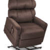 The Golden Technologies®️ Comforter PR 531 is a plush brown reclining chair with thick cushioned armrests and backrest, featuring a side pocket for the remote control that adjusts recline and lift functions. Its set on a black frame equipped with a lift mechanism.
.