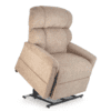 The Golden Technologies®️ Comforter PR 531 is a beige upholstered lift recliner, supported by a black metal base, designed to partially raise and assist users in standing up easily.