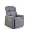 The Golden Technologies®️ Comforter PR 531 is a plush, gray reclining chair featuring a padded backrest, armrests, and an attached remote control. It is set against a plain white background.