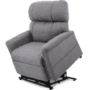 The Golden Technologies®️ Comforter with MaxiComfort PR 535 is a gray lift recliner chair featuring cushioned armrests and backrest, slightly elevated to aid in standing. Its soft, padded fabric ensures comfort.