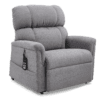 The Golden Technologies®️ Comforter with MaxiComfort PR 535 recliner is gray with a plush, cushioned backrest and armrests. It features a remote control on the left side with multiple buttons, set against a white background.