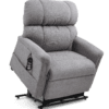 The Golden Technologies®️ Comforter with MaxiComfort PR 535 is a gray upholstered reclining chair featuring a tall, cushioned backrest, padded armrests, and a remote control for adjusting its position via a lift mechanism.