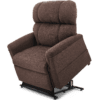 The Golden Technologies®️ Comforter with MaxiComfort PR 535 is a brown fabric reclining lift chair featuring padded armrests and a cushioned backrest. Partially lifted on a metal base, it assists users in standing up.