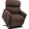 The Golden Technologies®️ Comforter with MaxiComfort PR 535 is a brown reclining lift chair featuring padded backrest and armrests. It includes a side-attached remote control for adjusting positions, partially elevated to highlight its lift function.