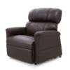 A luxurious Golden Technologies®️ Comforter with MaxiComfort PR 535, featuring plush dark brown leather, padded armrests, and a high backrest. The recliner is displayed against a plain white background.