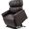The Golden Technologies® Comforter with MaxiComfort PR 535 is a brown leather recliner featuring plush cushions and a power lift mechanism. Shown isolated on a white background, it demonstrates its adjustable capabilities in a semi-upright position.