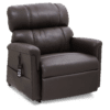 The Golden Technologies®️ Comforter with MaxiComfort PR 535 is a dark brown leather recliner featuring padded armrests, a backrest, and an attached remote control for position adjustment.