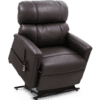 The Golden Technologies®️ Comforter with MaxiComfort PR 535 is a brown leather recliner chair featuring a thick, padded design and an attached side remote control for adjusting the chair’s position, enhancing comfort and support.