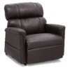 The Golden Technologies®️ Comforter with MaxiComfort PR 535 is a brown leather recliner featuring a cushioned back, wide armrests, and a partially extended footrest set against a white background.
