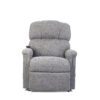 The Golden Technologies® Comforter with MaxiComfort PR 535 is a gray upholstered recliner featuring cushioned backrest and armrests, a built-in control switch on the right side, designed for comfort and relaxation in a simple, modern style.
