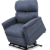The Golden Technologies®️ Comforter with MaxiComfort PR 535 is a blue fabric recliner chair on a black metal base, offering enhanced comfort and support in a partially elevated position.