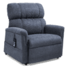 The Golden Technologies®️ Comforter with MaxiComfort PR 535 is a plush blue recliner featuring padded armrests, a tall backrest, and a remote control attached on the left for adjustable comfort.