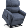 The Golden Technologies®️ Comforter with MaxiComfort PR 535 is a blue fabric recliner featuring a high backrest, cushioned seating, and a corded remote control on a lifting mechanism.