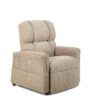 The Golden Technologies®️ Comforter with MaxiComfort PR 535 features a beige, cushioned recliner chair with soft fabric upholstery. It has a high backrest with segmented support and wide armrests, shown on a white background to highlight its comfort and inviting design.