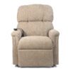The Golden Technologies®️ Comforter with MaxiComfort PR 535 is a beige upholstered recliner chair with a built-in remote control on the left armrest for adjusting the back and footrest positions, featuring cushioned back and armrests for added comfort.
