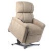 The Golden Technologies®️ Comforter with MaxiComfort PR 535 is a beige upholstered recliner chair featuring an electronic lift mechanism, plush cushioned backrest and seat, raised at an angle, with a remote control on the armrest.