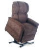The Golden Technologies® Comforter with MaxiComfort PR 535 is a brown upholstered recliner chair featuring a lift mechanism, padded headrest, armrests, and supported by a metal base, shown in a partially reclined position.