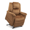 The Golden Technologies® Day Dreamer PR 632 is a brown fabric recliner with a high back and cushioned arms. It features a slightly forward tilt supported by a black metal base, indicating a lift function.