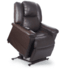 The Golden Technologies®️ Day Dreamer PR 632 is a brown leather recliner chair in an upright, partially lifted position with cushioned armrests and a remote control on the left side.