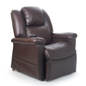 A plush Golden Technologies®️ Day Dreamer PR 632 brown leather recliner chair, featuring thick cushions and a side pocket with a remote control, is slightly reclined on a plain white background.