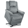 The Golden Technologies®️ Day Dreamer PR 632 is a gray recliner chair featuring high backrest and padded armrests. Its elevated position highlights the reclining and lift functions, while the upholstery boasts a soft, plush appearance.