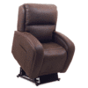 The Golden Technologies®️ EZ Sleeper with Twilight PR 761 is a brown leather recliner chair that features a lift mechanism, tall backrest, and padded armrests for comfort. Its lift function extends to tilt the chair forward slightly for ease of access.
