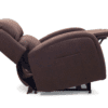 The Golden Technologies®️ EZ Sleeper with Twilight PR 761 in brown leather is fully reclined, displaying cushioned armrests, an extended footrest, and a side pocket. It is showcased against a plain white background.