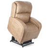 The Golden Technologies®️ EZ Sleeper with Twilight PR 761 is a tan leather recliner featuring a lift mechanism, padded armrests, and a high backrest, designed to assist users in standing or sitting.