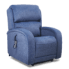 The Golden Technologies®️ EZ Sleeper with Twilight PR 761 is a blue reclining armchair featuring soft cushioning, a side pocket for the remote control to adjust positions, and plush backrest and armrests for ultimate comfort and relaxation.