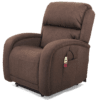 The Golden Technologies® EZ Sleeper with Twilight PR 761 is a plush brown recliner chair featuring thick padding on the backrest and armrests for comfort. It includes a massage function remote control conveniently stored in a side pocket, ideal for relaxation.