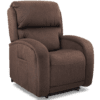 The Golden Technologies®️ EZ Sleeper with Twilight PR 761 is a brown, cushioned recliner chair featuring armrests and a padded backrest. It appears soft and comfortable, with a fabric cover, side pocket, and is set against a white background.