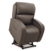 The Golden Technologies®️ EZ Sleeper with Twilight PR 761 is a brown leather lift chair recliner featuring padded armrests and backrest, slightly tilted forward to showcase its lift function. Designed for comfort and mobility assistance, it is photographed against a plain white backdrop.