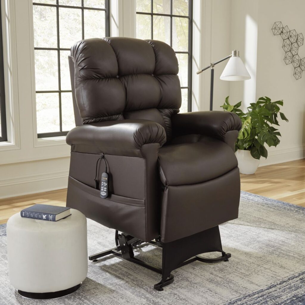 The Golden Technologies®️ Cloud PR 510 dark brown leather recliner, with a remote control, sits on a light blue patterned rug in a bright room with large windows. Nearby are a white round ottoman topped with a book and a modern white floor lamp. A green plant adds natural charm.