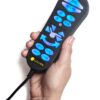 A person holds a corded remote with blue backlit buttons labeled Rise, Recline, TV, and Sit. The brand name Golden Technologies is visible at the bottom of the EZ Sleeper with Twilight PR 761 remote.