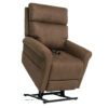The Pride VivaLift!® Urbana 2 Model PLR-965 is a brown reclining lift chair with cushioned armrests and backrest, supported by a metal frame. A remote control sits on the seat cushion. Its ideal for ergonomic support and assistance in standing up.