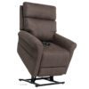 The Pride VivaLift!® Urbana 2 Model PLR-965 is a brown reclining lift chair with a cushioned headrest and armrests, elevated on a black metal base for motion features. A remote control on the seat suggests adjustable positions.