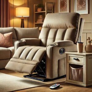 A cozy living room features a plush beige recliner with a footrest extended. A small side table holds a drink and a remote control. Warm lighting from a floor lamp and decorative wall art create a relaxing atmosphere.