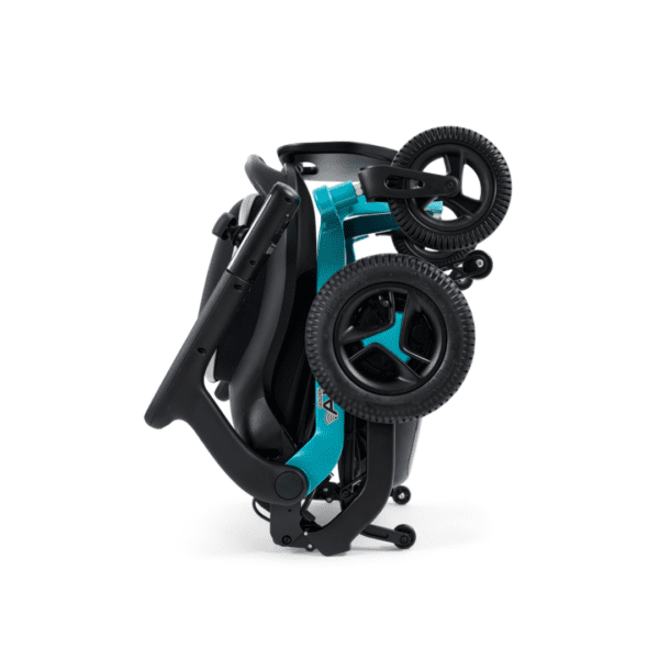 The teal and black compact stroller is designed to fold and stand vertically like the Golden Ally Power Wheelchair, featuring durable wheels and a sturdy frame for easy storage and transport.