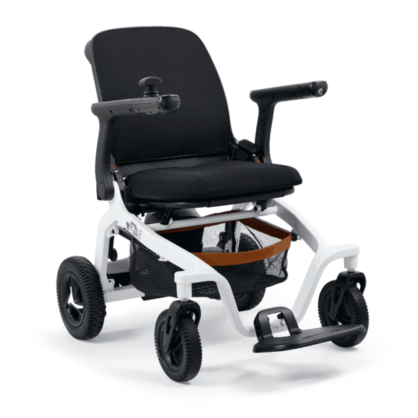 Meet the Golden Ally Power Wheelchair: a modern, lightweight electric chair featuring a sleek black seat and backrest, a white frame, four small wheels, an intuitive joystick control, and a handy mesh storage basket under the seat for easy access.