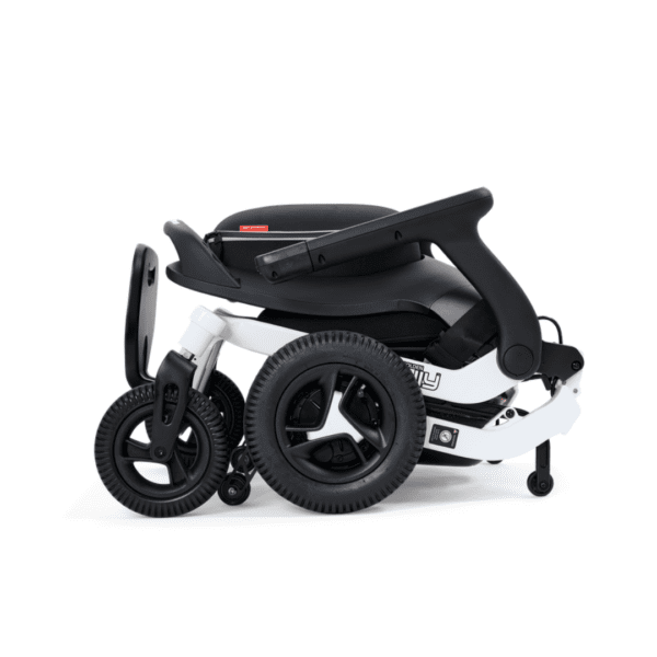 A folded black and white compact stroller with sleek design, similar to a Golden Ally Power Wheelchair, has three wheels and is shown in side view against a white background.