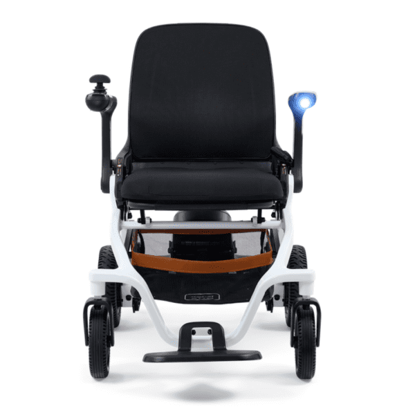 The Golden Ally Power Wheelchair showcases a sleek design with a black seat, white frame, left-side joystick control on the armrest, and a blue LED light on the right side, enhancing its modern and compact appeal.