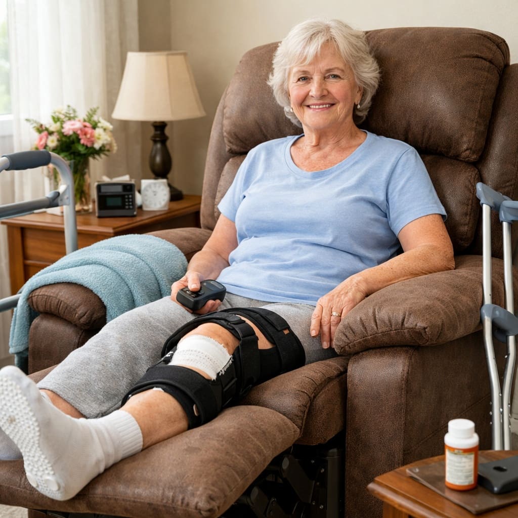 an elderly woman recovering in a lift chair after knee replacement surgery.