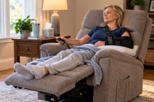 A woman with her arm in a sling rests in a lift chair after shoulder surgery, holding a remote control.
